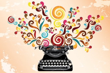 Vintage typewriter with abstract swirls on grungy background - creativity